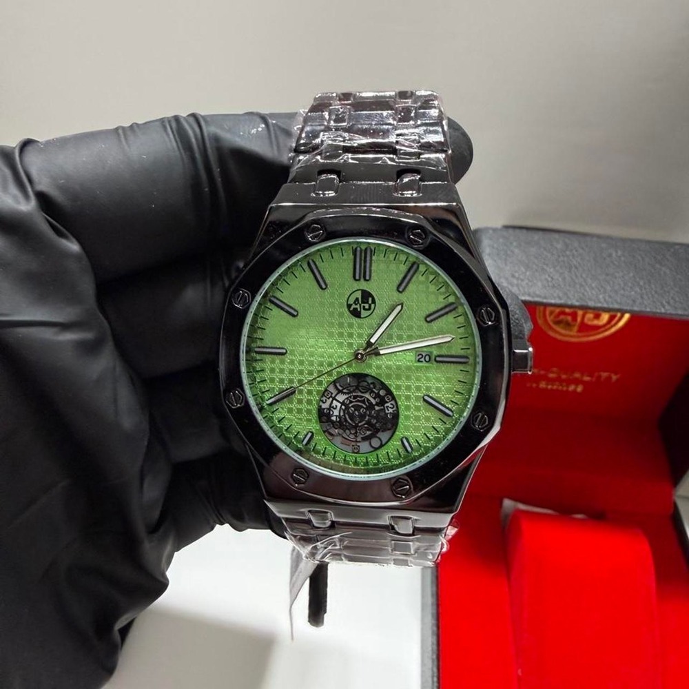 AJ Brand Silver Men's Chronograph Watch green Dial black stainless steel band